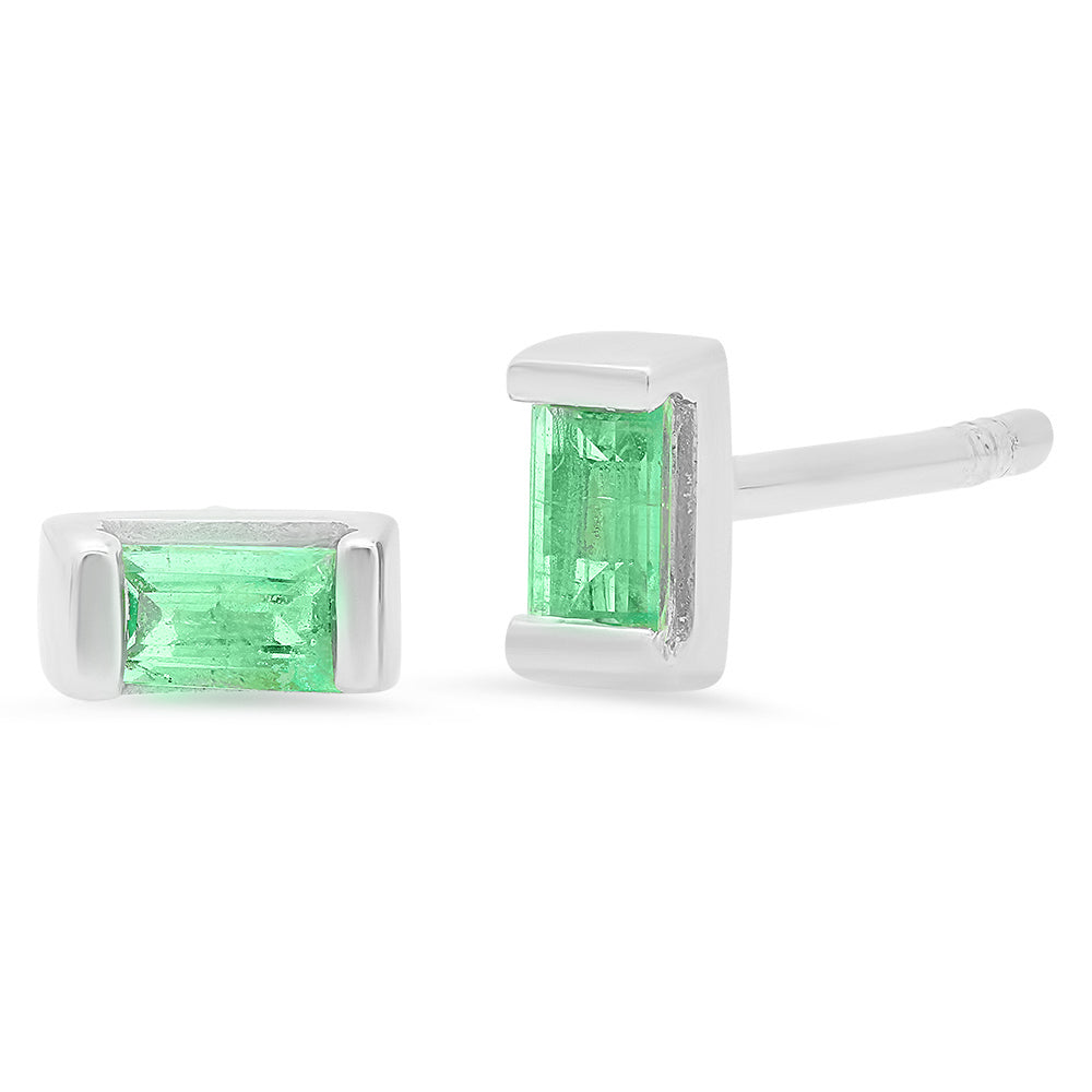 14K White Gold Emerald Baguette Studs